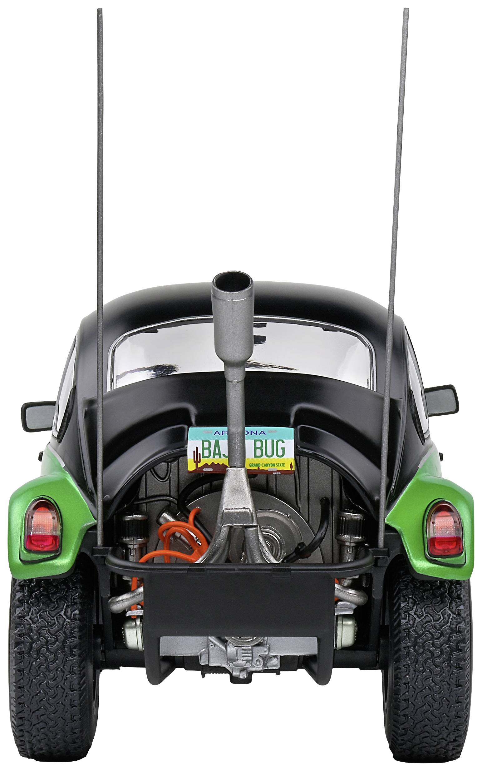 A green VW Beetle from behind, with oversized tyres and an exhaust pipe in the centre. Number plate: 'Baja Bug'.