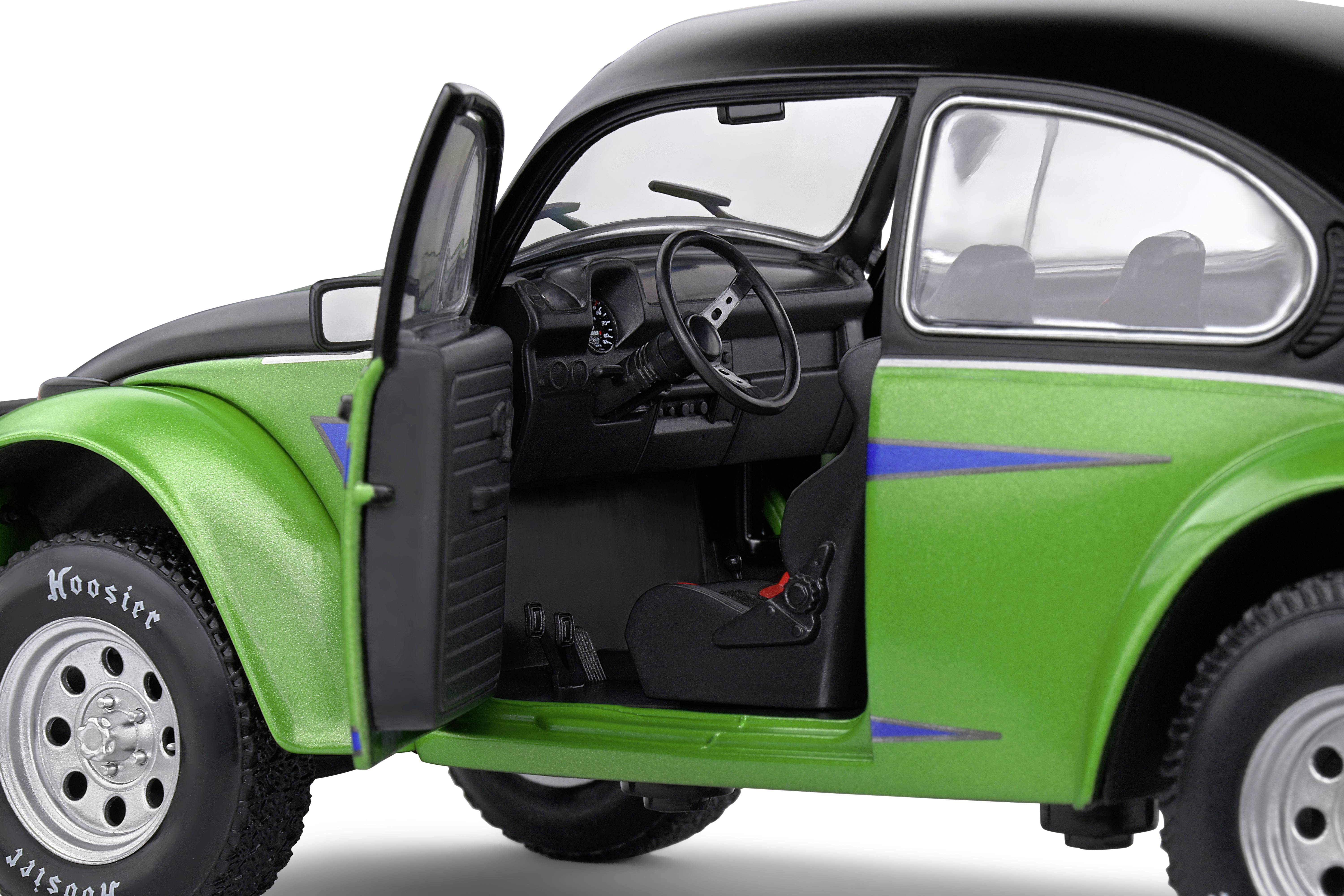 Green vintage car with an open driver's door. Interior with steering wheel and seat visible. Design with blue stripes.