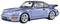 A blue sports car, side view. Round headlights, large rear spoiler. Model designation 'Turbo 3.6' on the front.