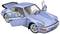 Blue model car of a classic sports car with open doors, side rear wing and typical round headlights.