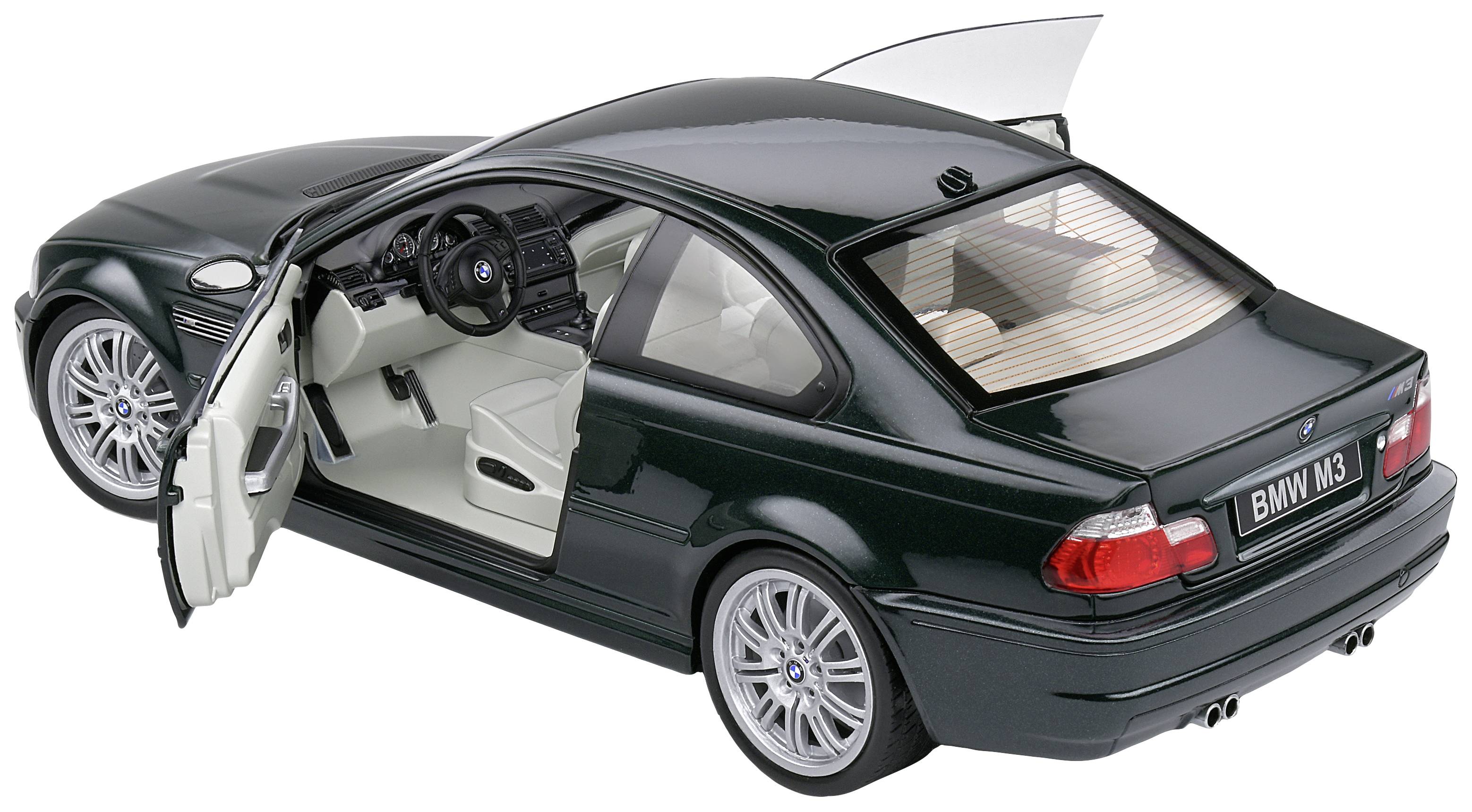 A black model car of a BMW M3 with an open driver's door and visible interior, showing the steering wheel and seats.
