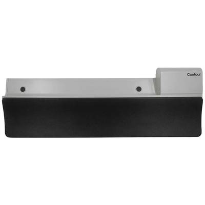 An ergonomic, black and white wrist support device with the inscription 'Contour', designed for use in front of a keyboard.