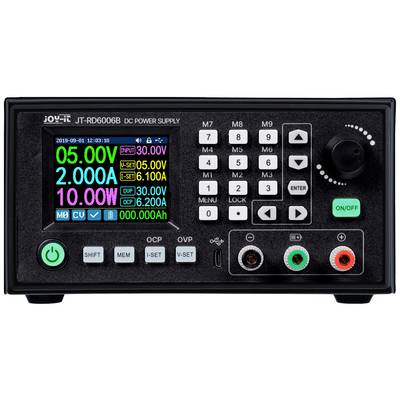 Electronic Device: Adjustable DC Power Supply with Digital Display Showing Voltages, Currents and Settings.