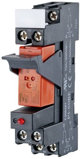 A black electrical relay with an orange internal component, multiple screw terminals, and markings for voltage and current.