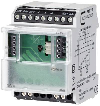 An electrical module with multiple terminals and labels on the front face. It has LEDs and is designed for electrical connections.