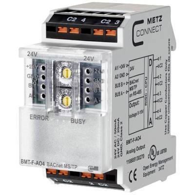 A white electronic module with connections and the inscription 'Metz Connect', displaying status indicators 'Error' and 'Busy'.