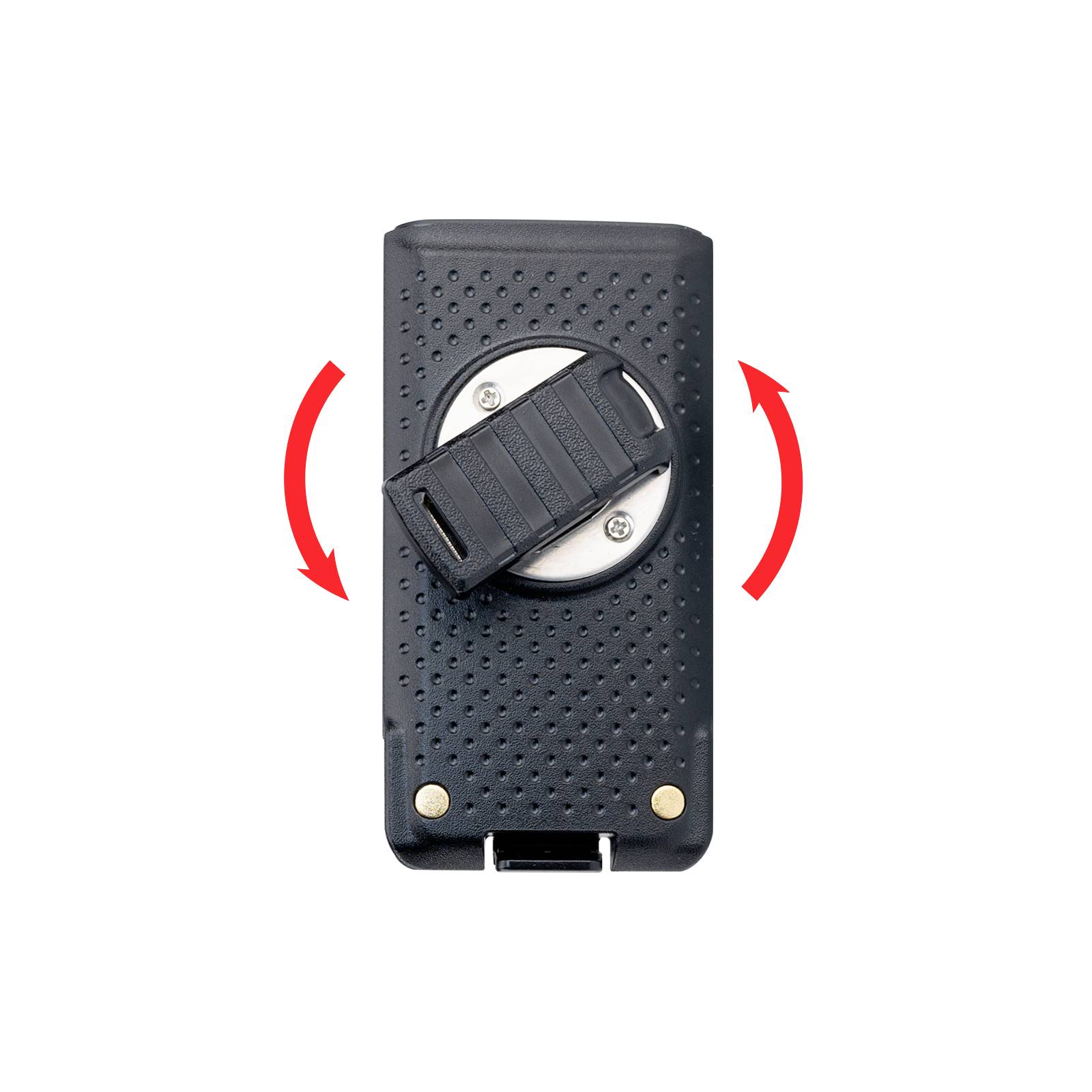 A black device with a rotatable mount in the centre, illustrated by red arrows. It is rectangular with textured dots.