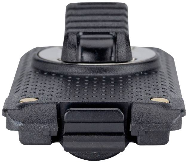 A black, ribbed plastic belt clip with rounded edges and rivets at the corners, viewed from the front.