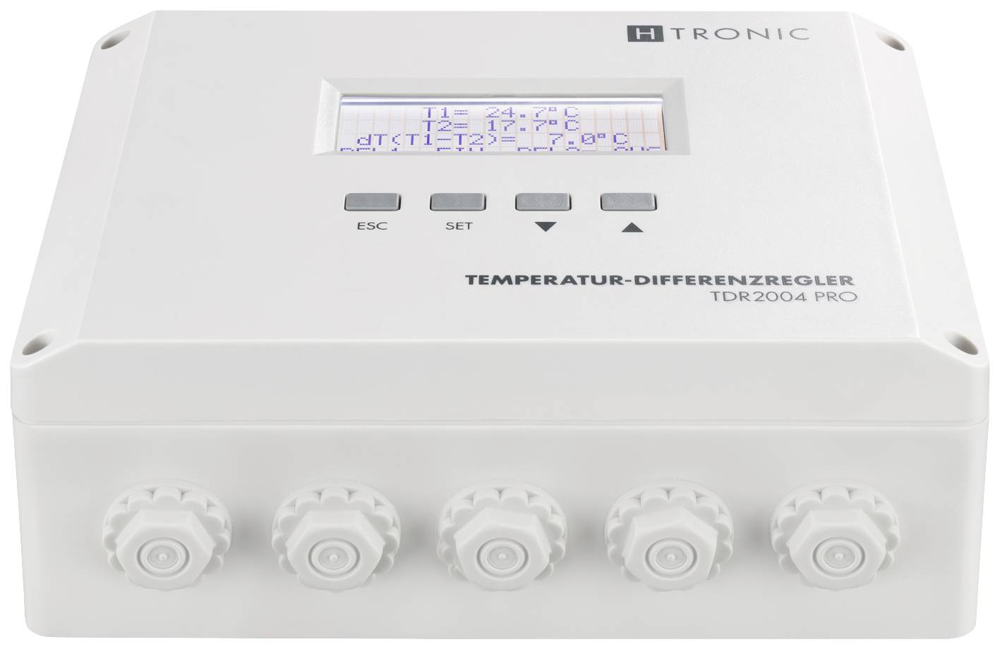A temperature differential controller with a display showing temperature data. Beneath this are control buttons.