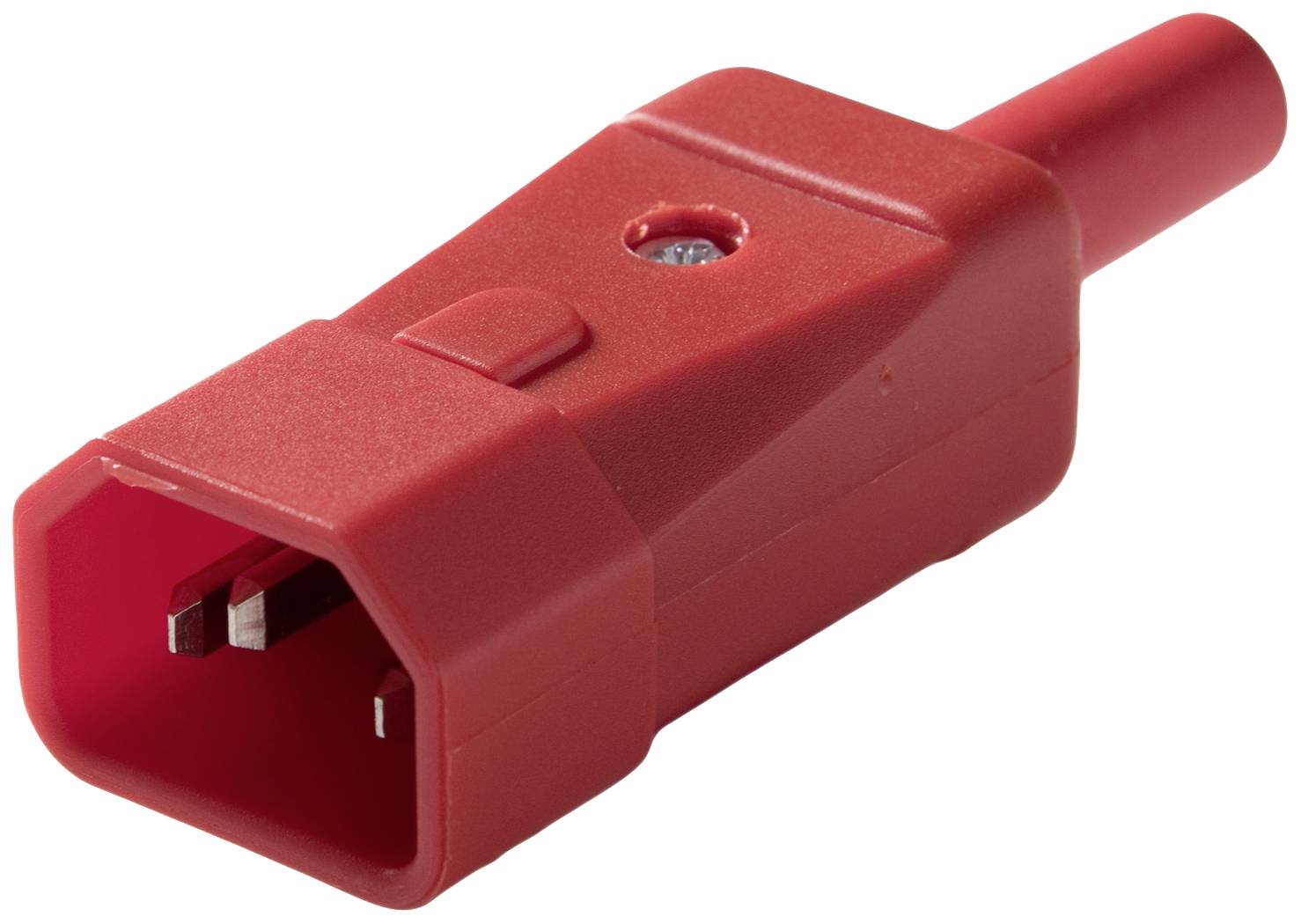 Red electric cable plug with a rectangular opening and two metal contacts, suitable for secure electrical connections.