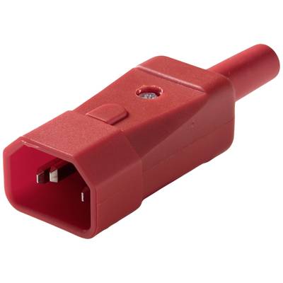 Red electric cable plug with a rectangular opening and two metal contacts, suitable for secure electrical connections.