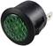 Black round rocker switch with a bright green, faceted cover.