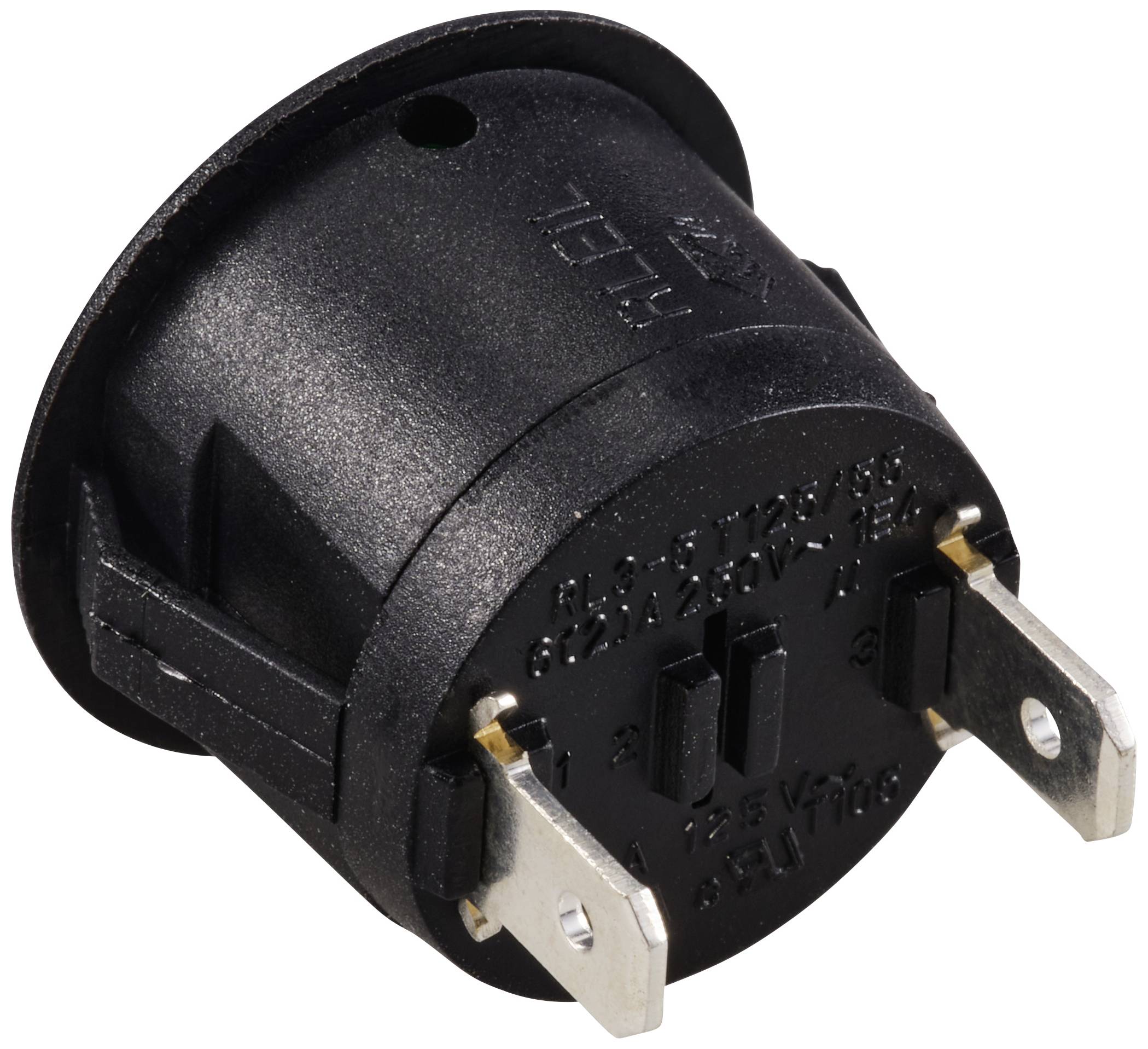 Black round rocker switch with two metal terminals, suitable for electrical connection in electronic devices.