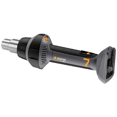 Black and grey hot air blower with orange accents, handle, and nozzle. 'Steinel 7' marking visible on the casing.