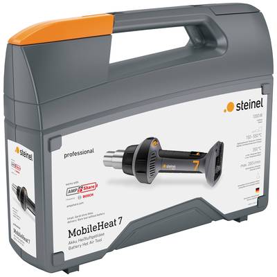 Grey tool case with orange handle. Sticker shows a cordless hot air blower 'MobileHeat 7' by Steinel.