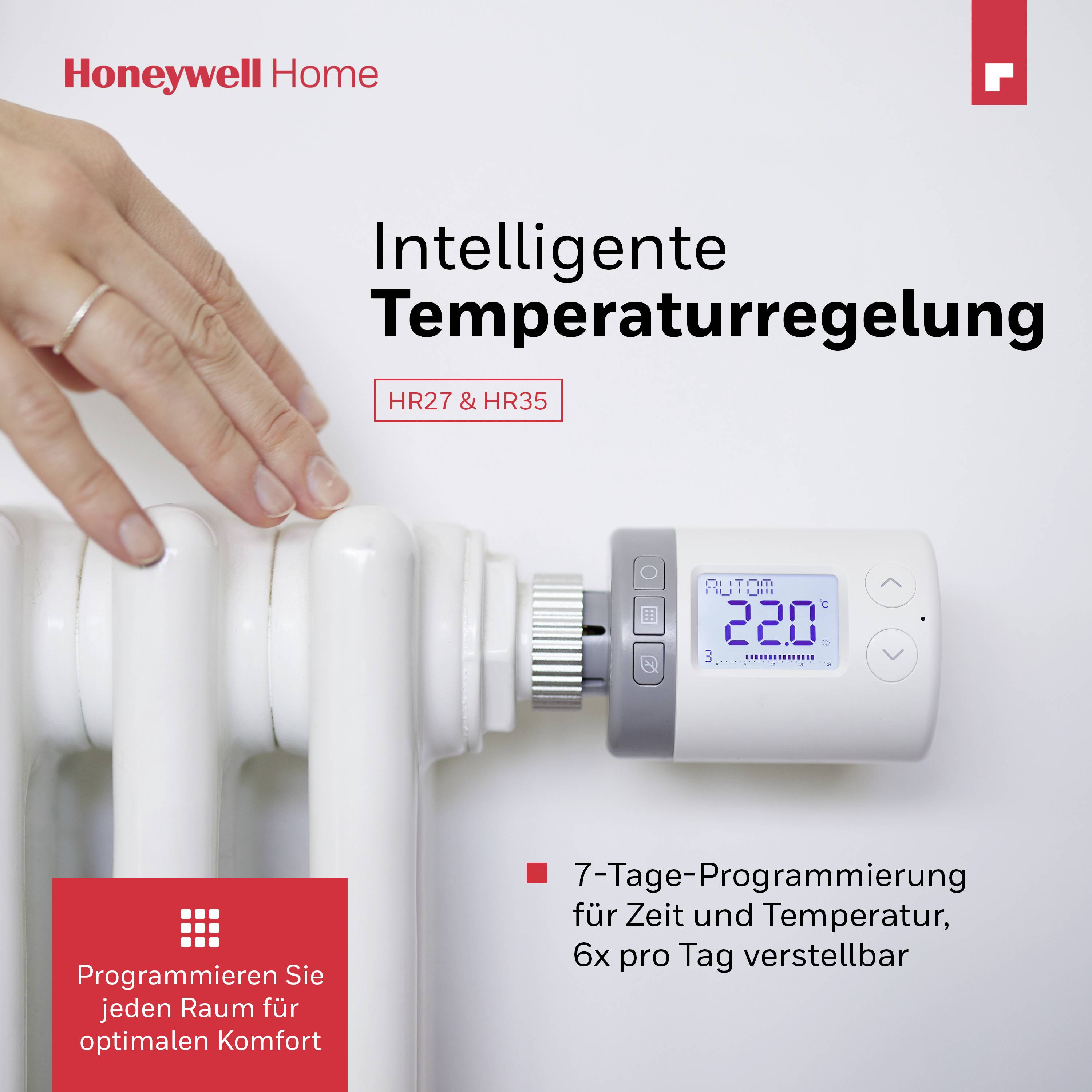 'Intelligent Temperature Control' shows a thermostat on a radiator with a display. Text: 'Programme Each Room for Optimal Comfort'.