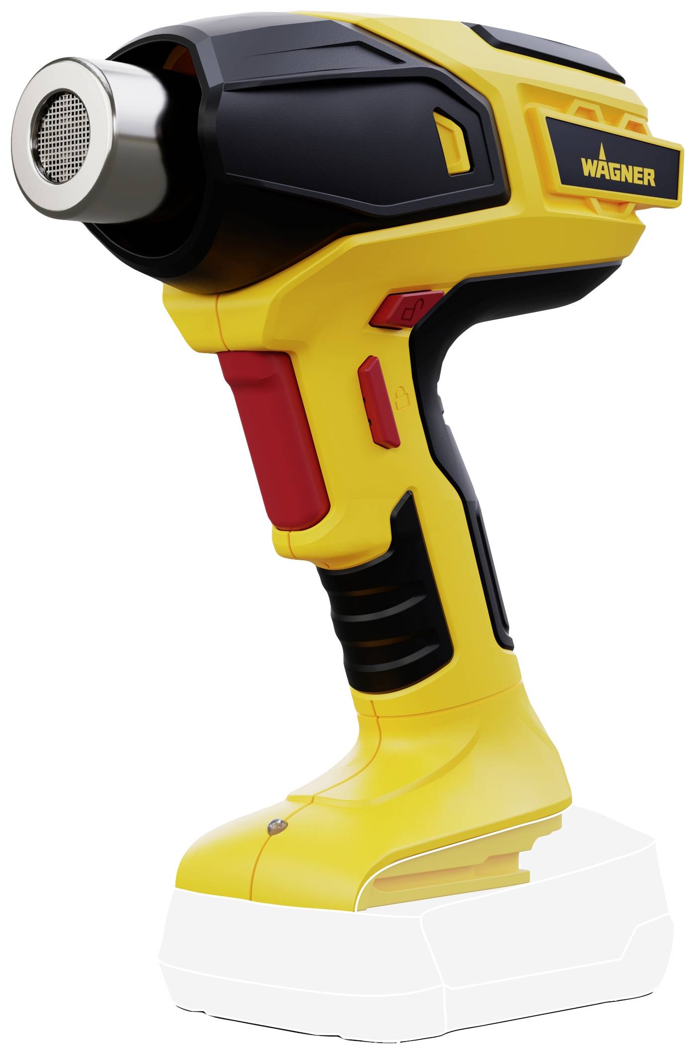Yellow hairdryer with black and red detail, side view, on white background.