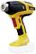 Yellow hairdryer with black and red detail, side view, on white background.