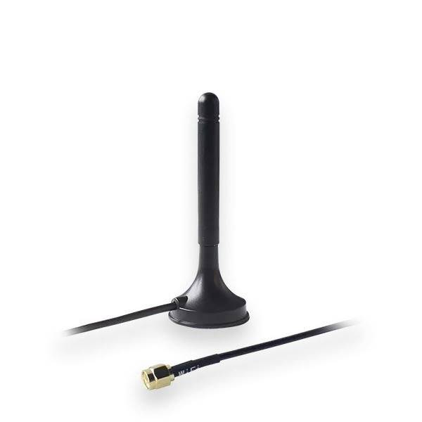 Black external antenna with magnetic base and cable, suitable for wireless connections.