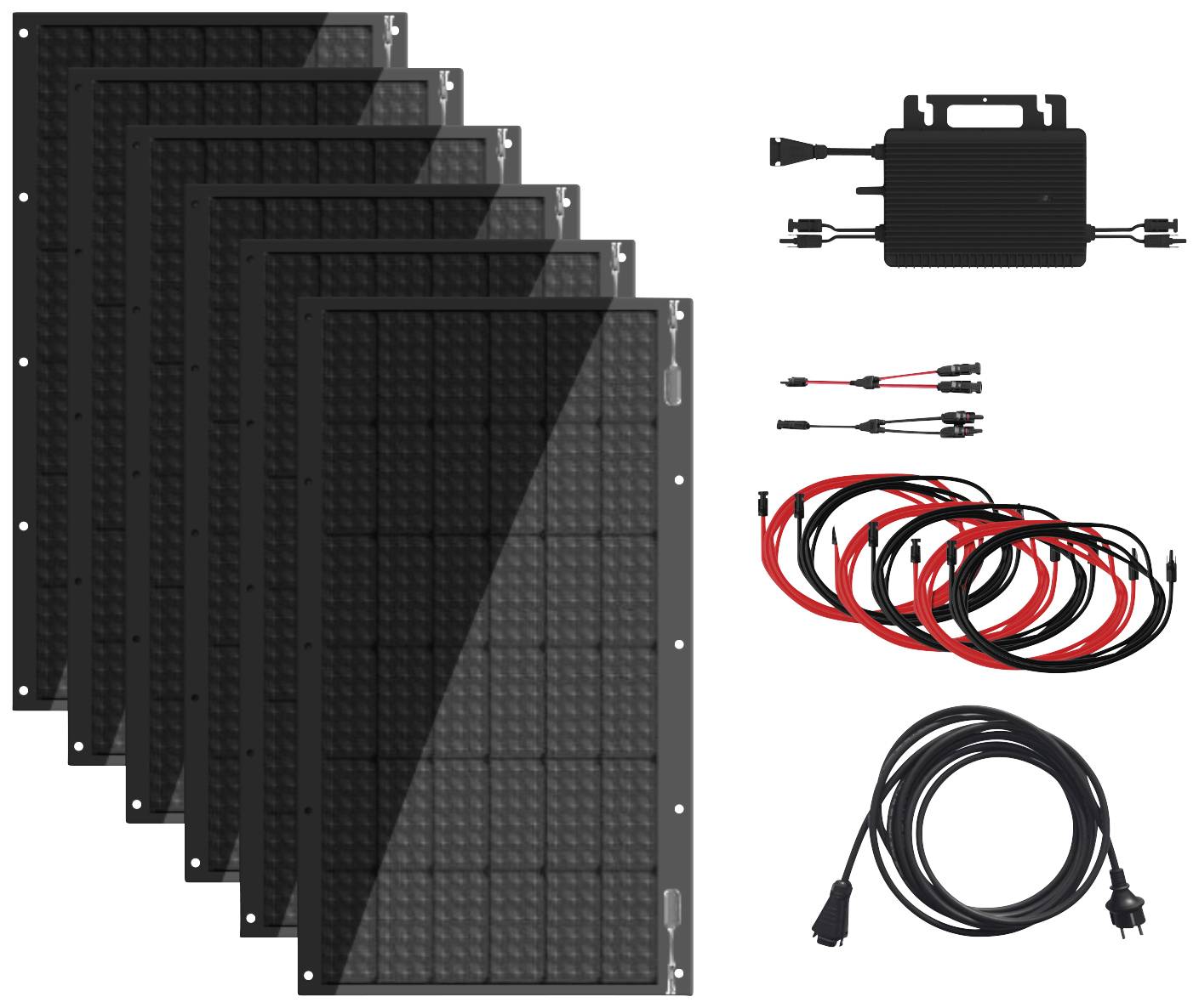'Illustration of six solar modules with cables and an inverter. Shows the components of a household solar power system.'