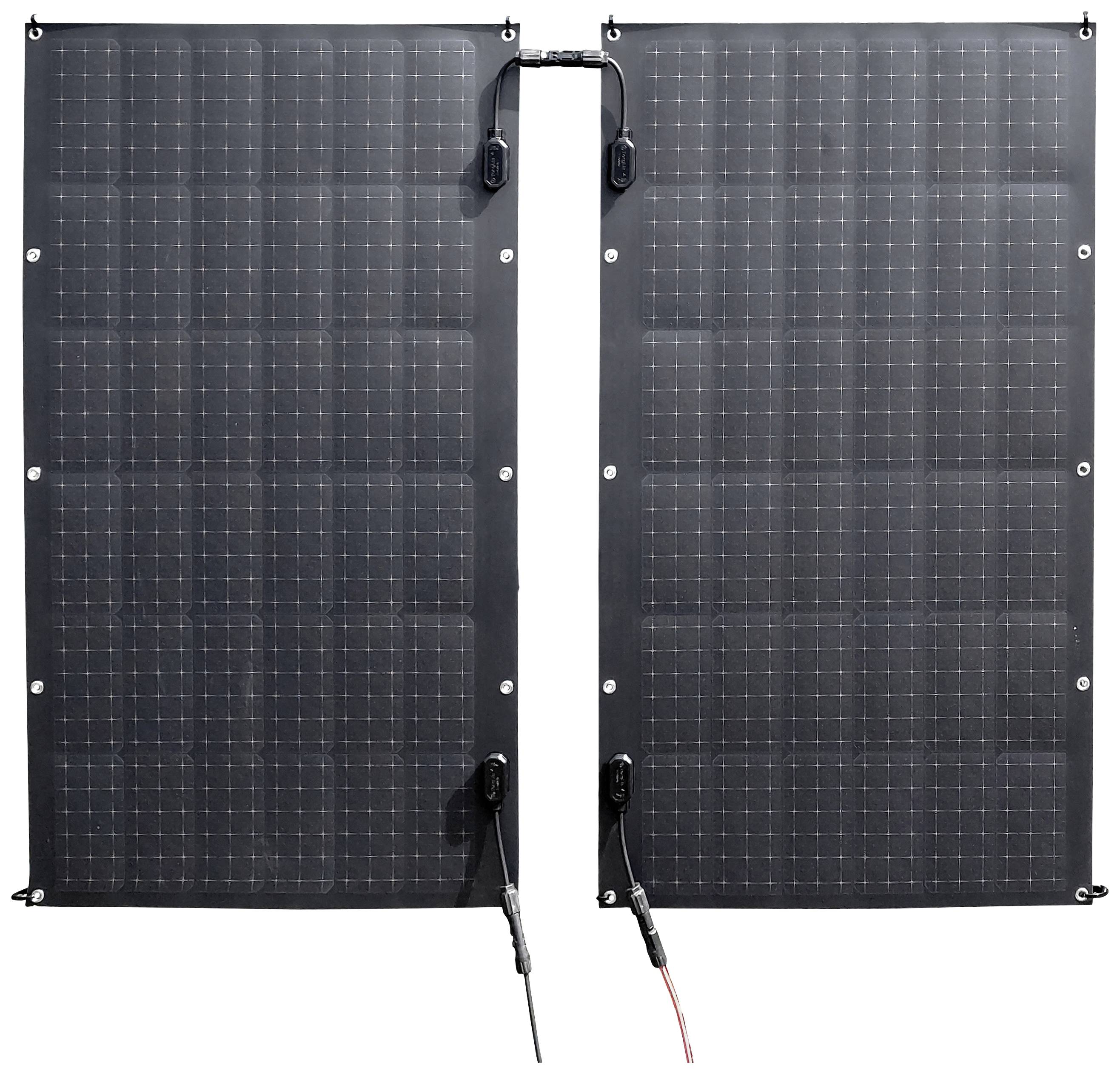 Two black solar panels side by side, connected by cables. They are designed for generating energy from sunlight.