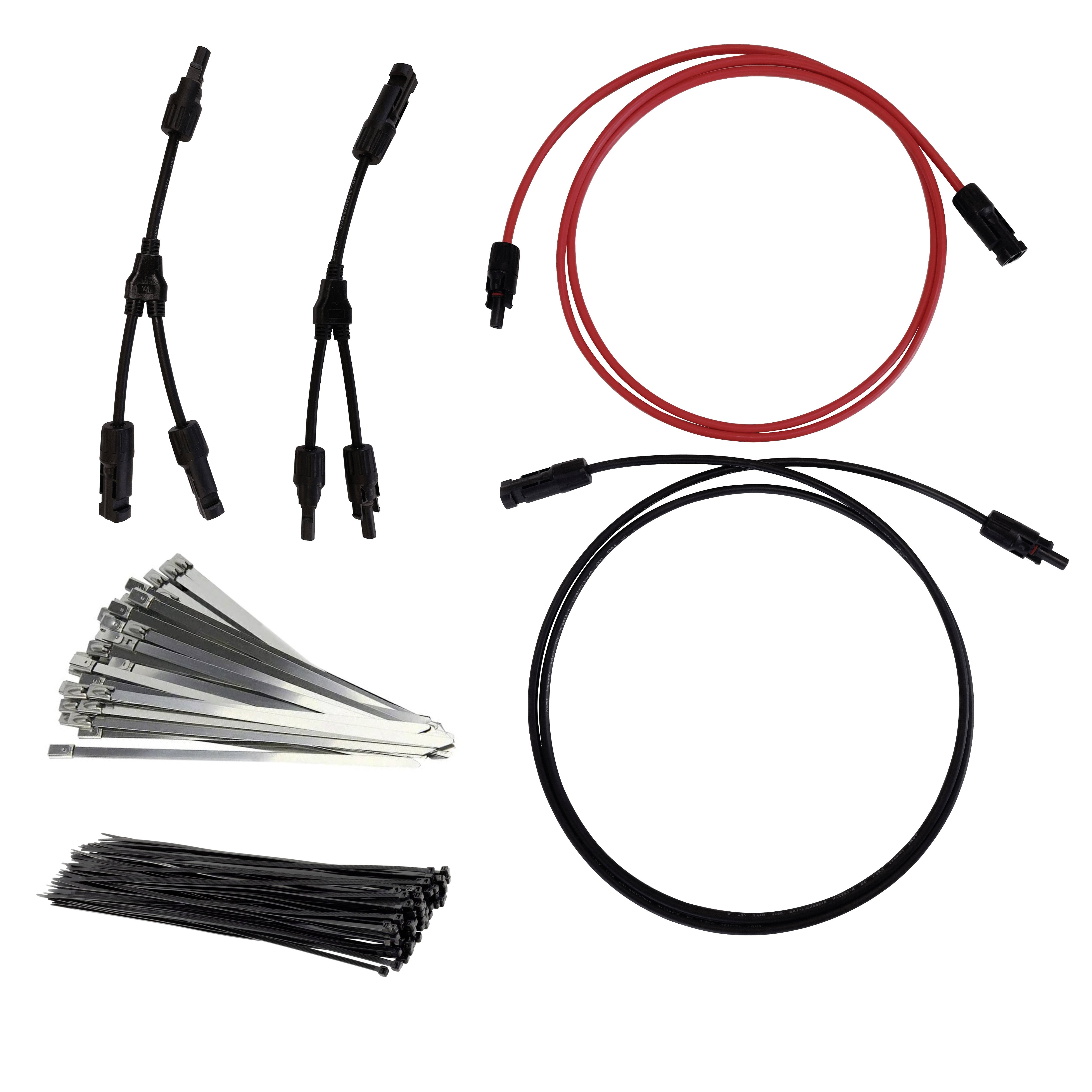 A set comprising two red and black cables, two Y-adapters, and numerous cable ties, for electrical connections or installations.