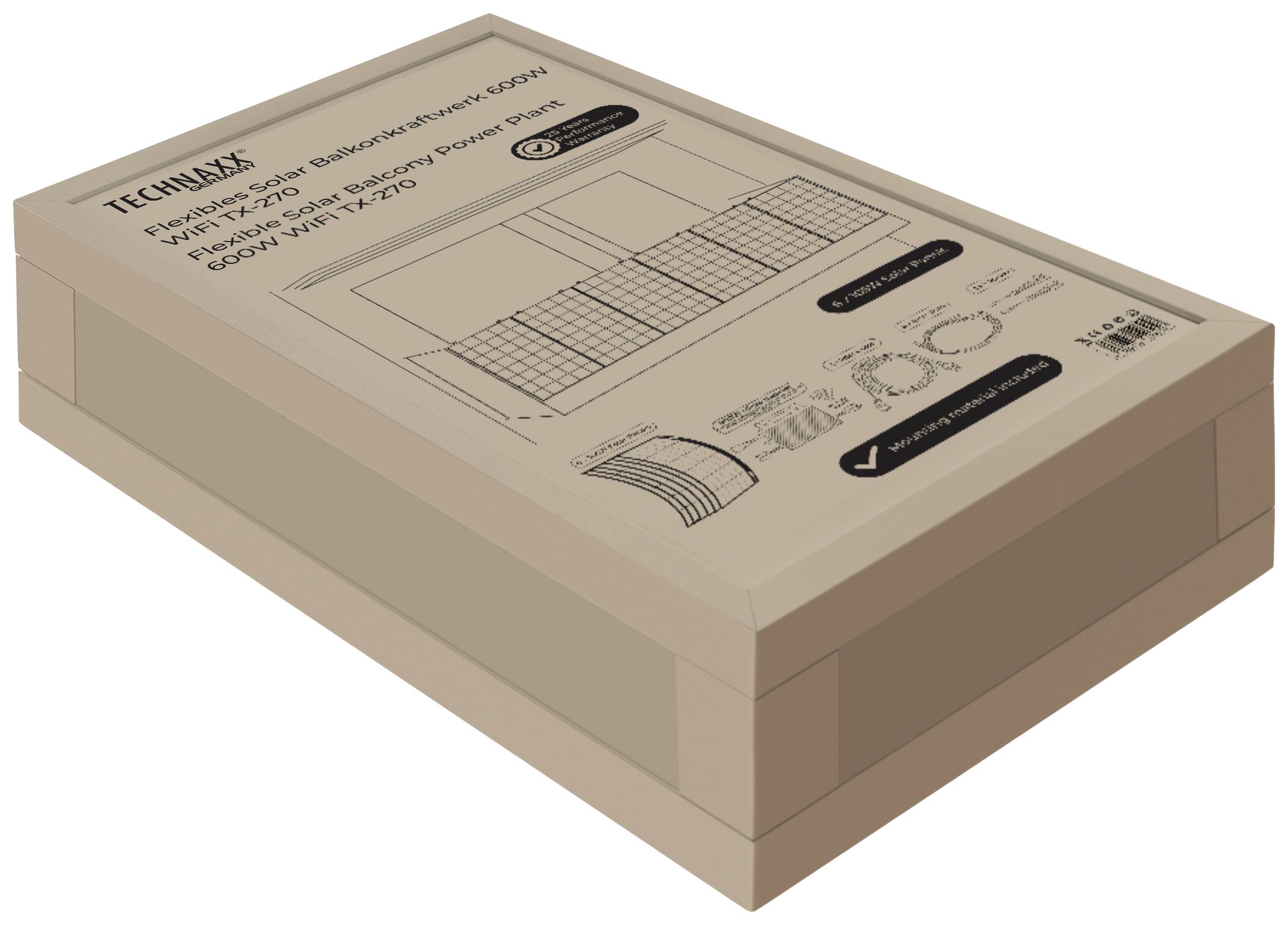 A packaging with the label 'TECHLABS' and information about a solar module, Model X-ST210, 600W power output, dimensions 210x100x20 cm.