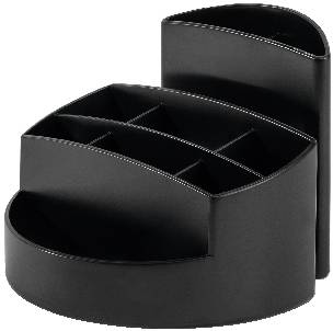Black rotating desk organiser with multiple compartments for pens, paperclips, and other desk accessories.