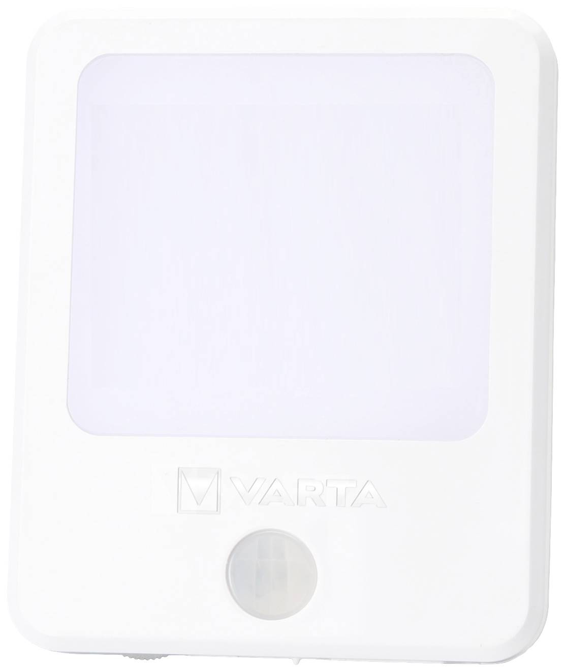 A white Varta LED night light with a motion sensor on the front, suitable for illuminating dark spaces.