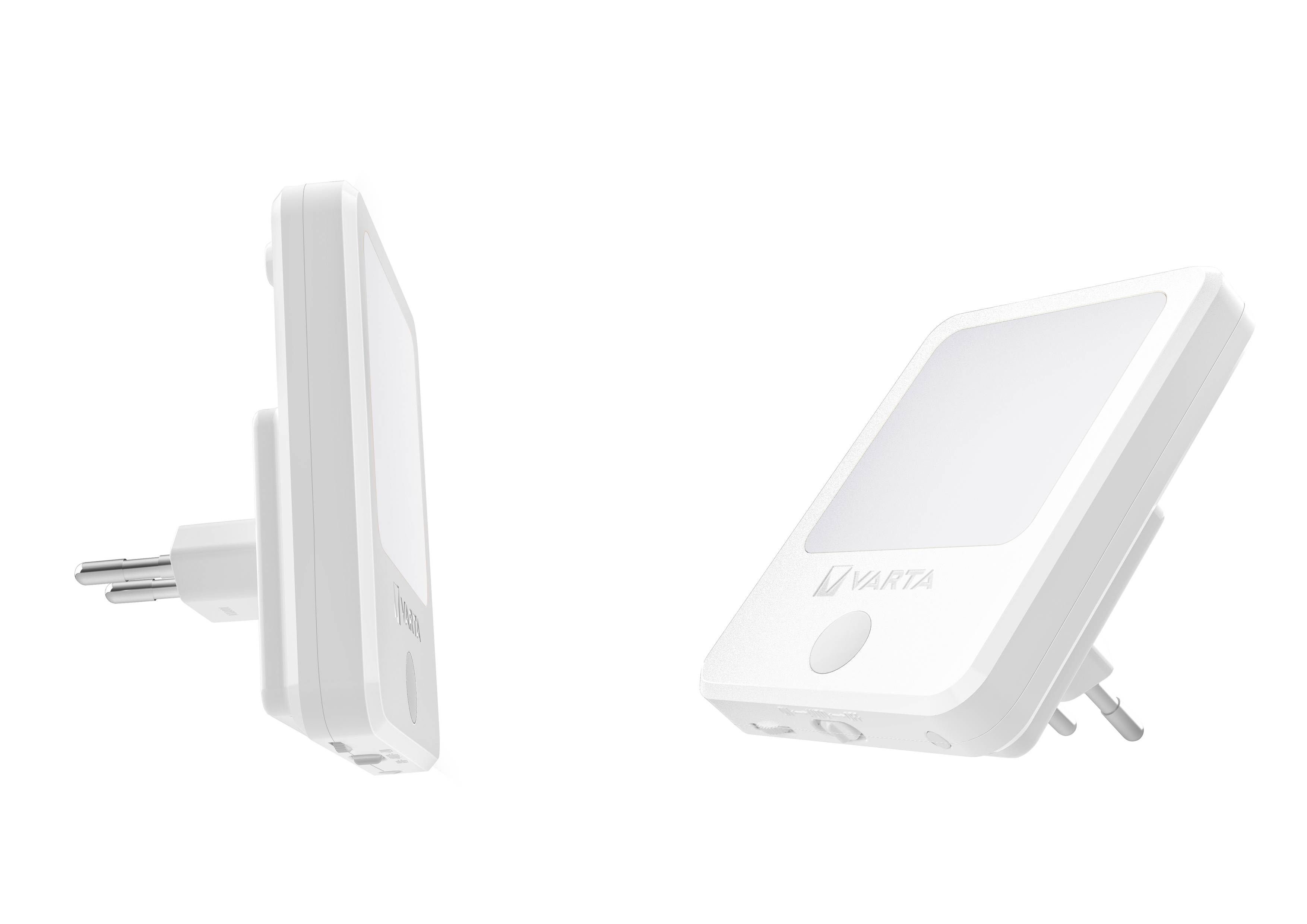 Two white night lights with plugs, one shown from the side, one from the front. They feature the 'Varta' logo on the front.