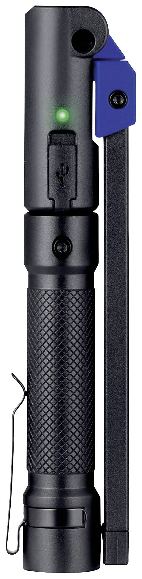 Black torch with blue lever and USB port. A green indicator light is switched on.