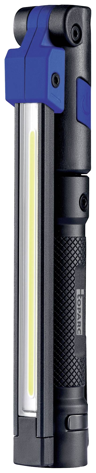 Black and blue LED work light with a long, slim design and textured grip surface.