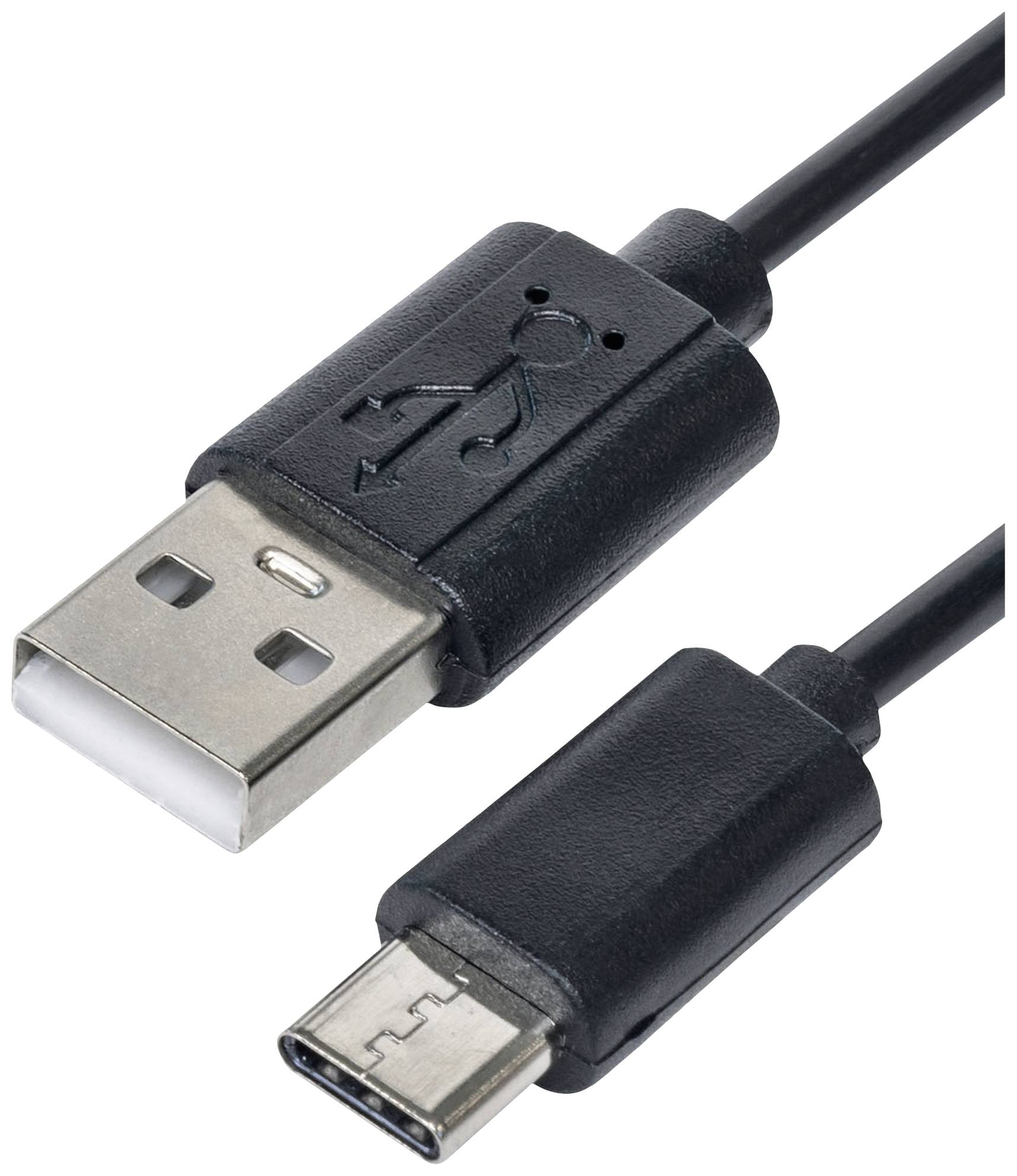 USB cable with two connectors: USB-A at the top, USB-C at the bottom, for connecting devices such as smartphones or laptops to other devices.