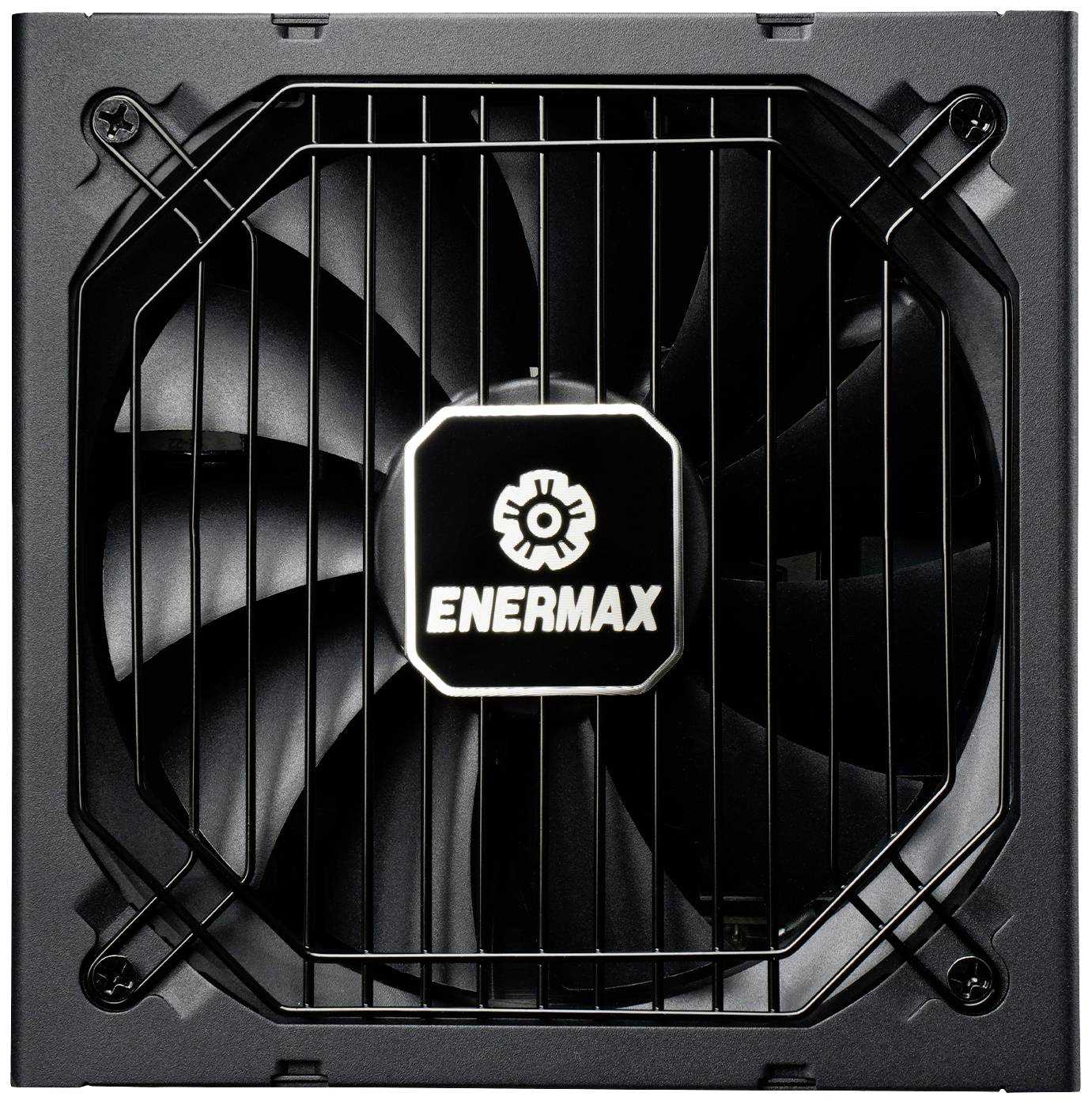 'Black Enermax power supply with large fan and protective grille.'