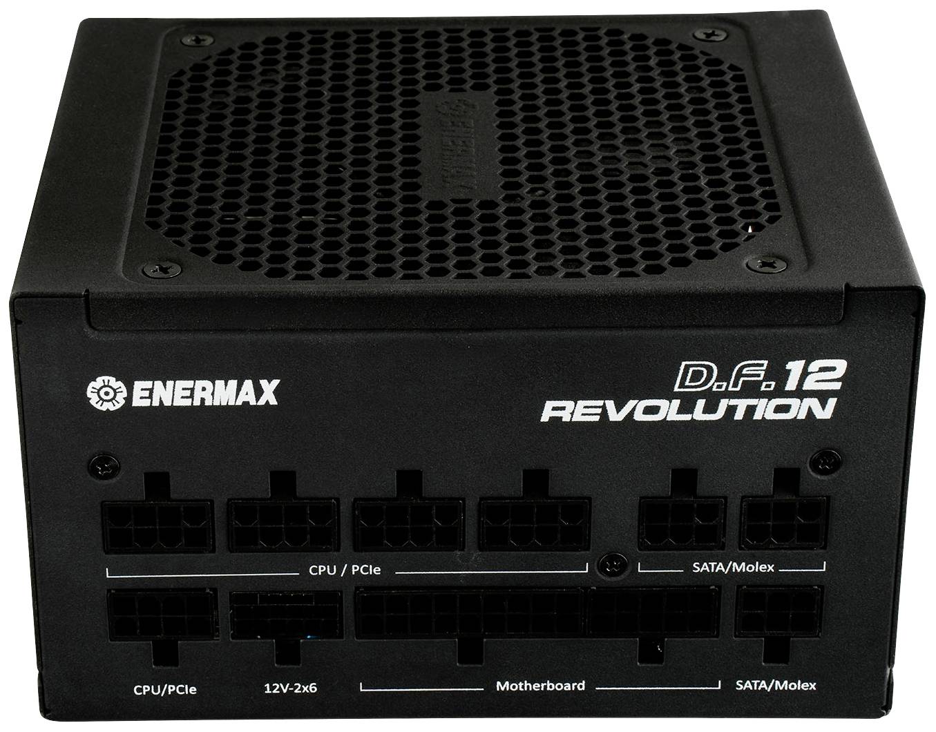 Black PC power supply from Enermax with modular connections for CPU, motherboard, SATA/Molex and PCIe, model 'Revolution D.F. 12'.