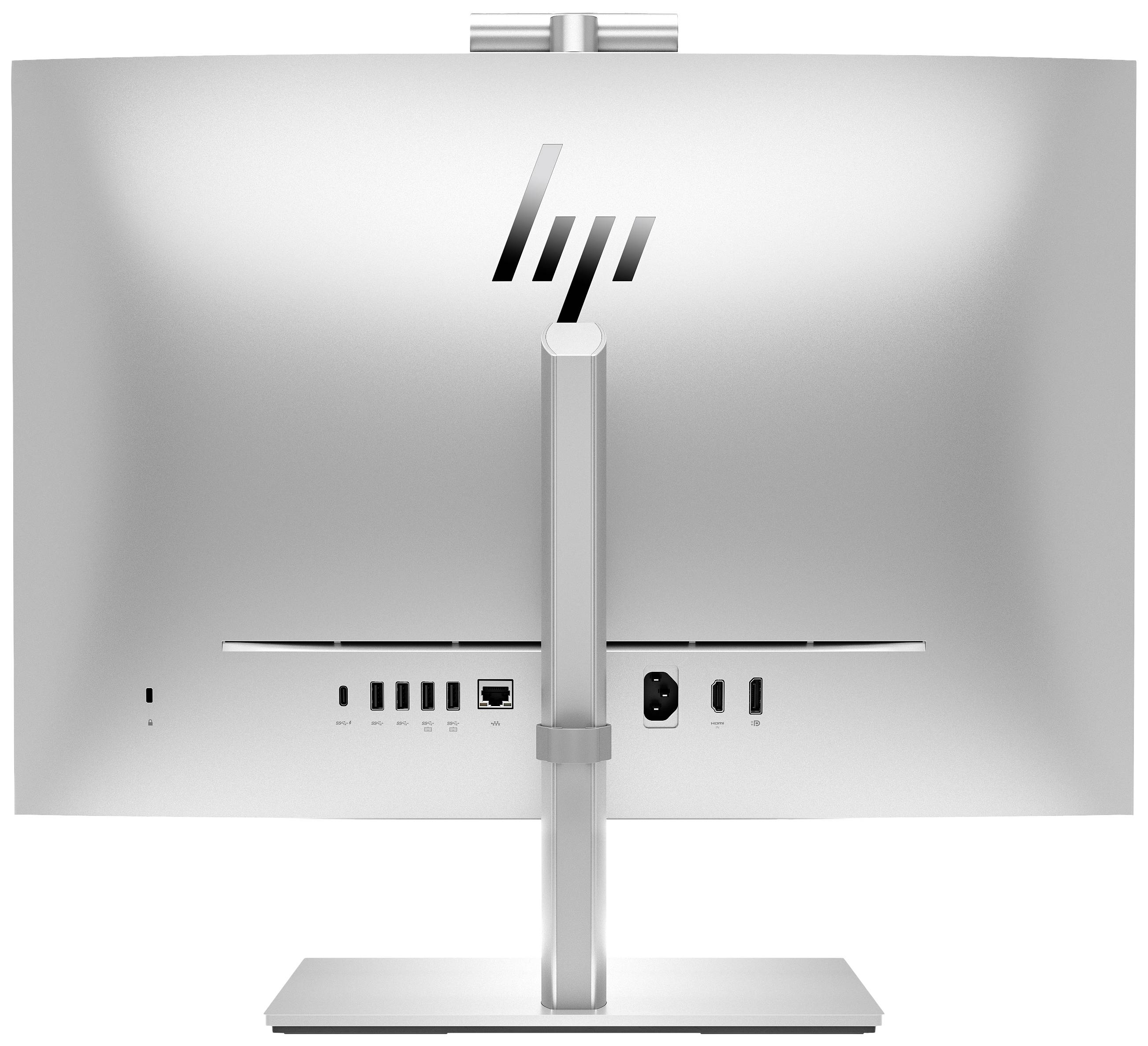 A silver computer monitor viewed from behind, with multiple connection options such as USB and Ethernet, mounted on a sturdy stand.