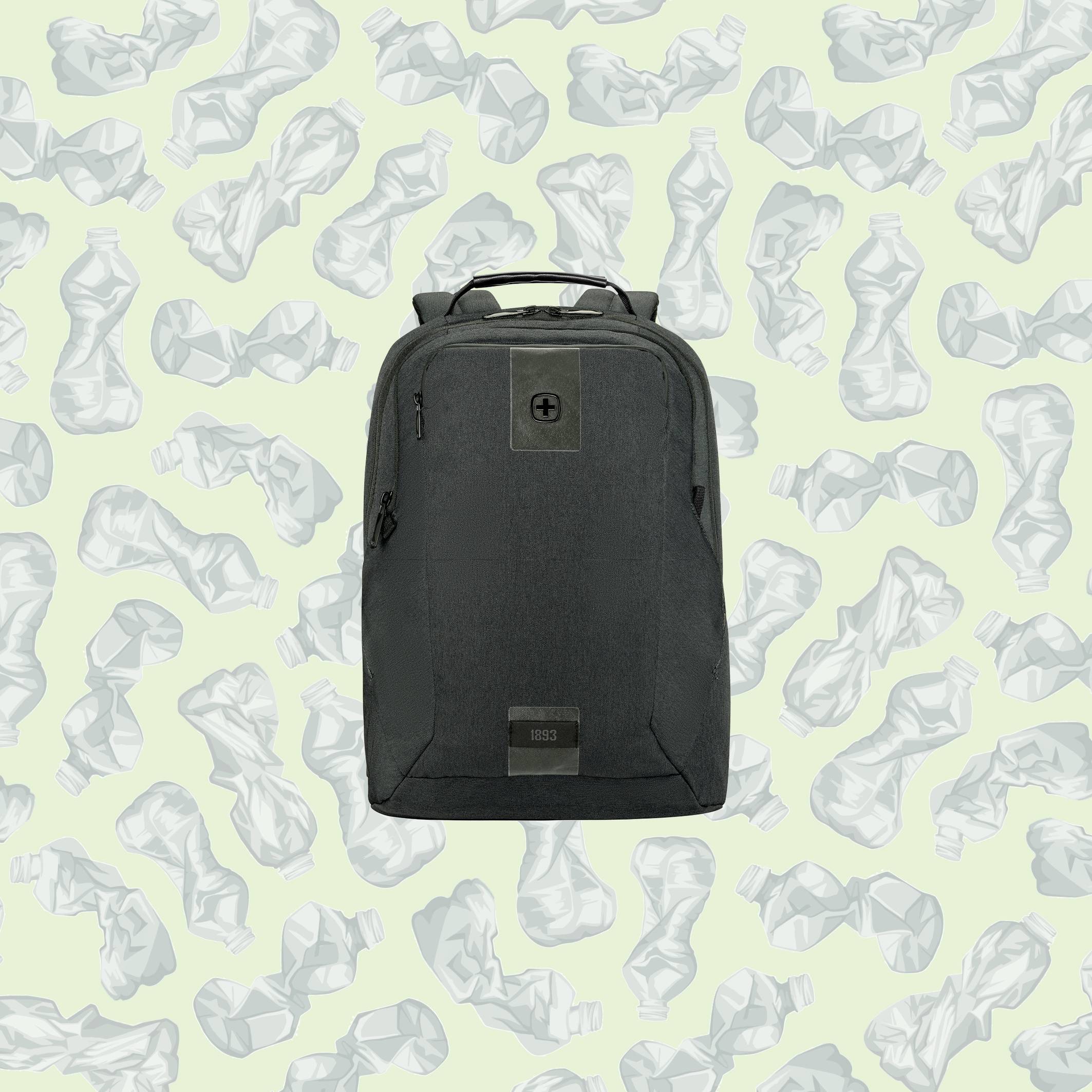 A black rucksack in front of a background of crumpled plastic bottles, likely alluding to recycling or sustainability.