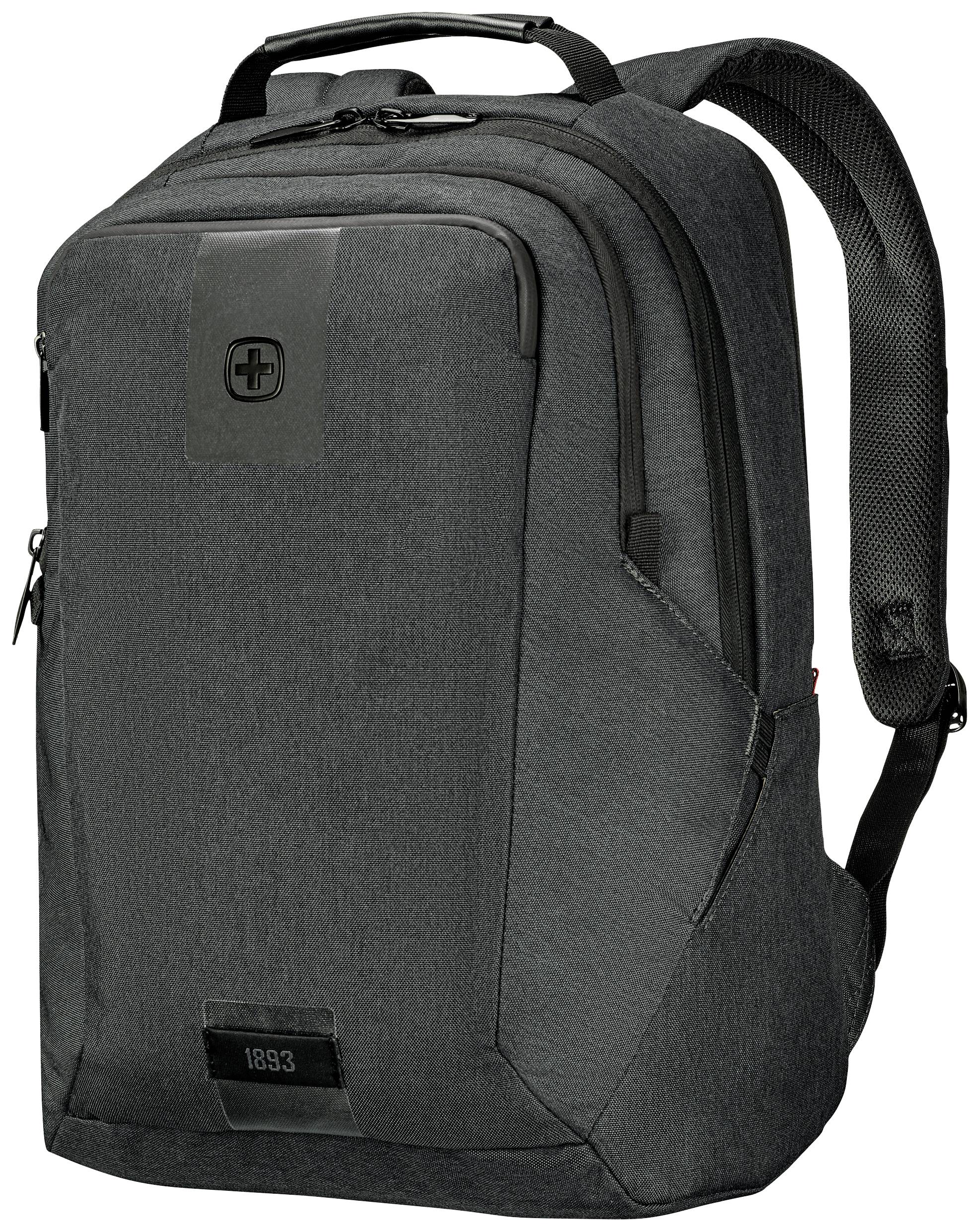 Black, modern rucksack with two main compartments and padded shoulder straps. Ideal for school or travelling.