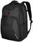 Black rucksack with multiple compartments and red logo on the front, suitable for travelling or daily use.