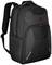 Black laptop backpack with multiple compartments and a red logo. Perfect for transporting electronics and accessories.