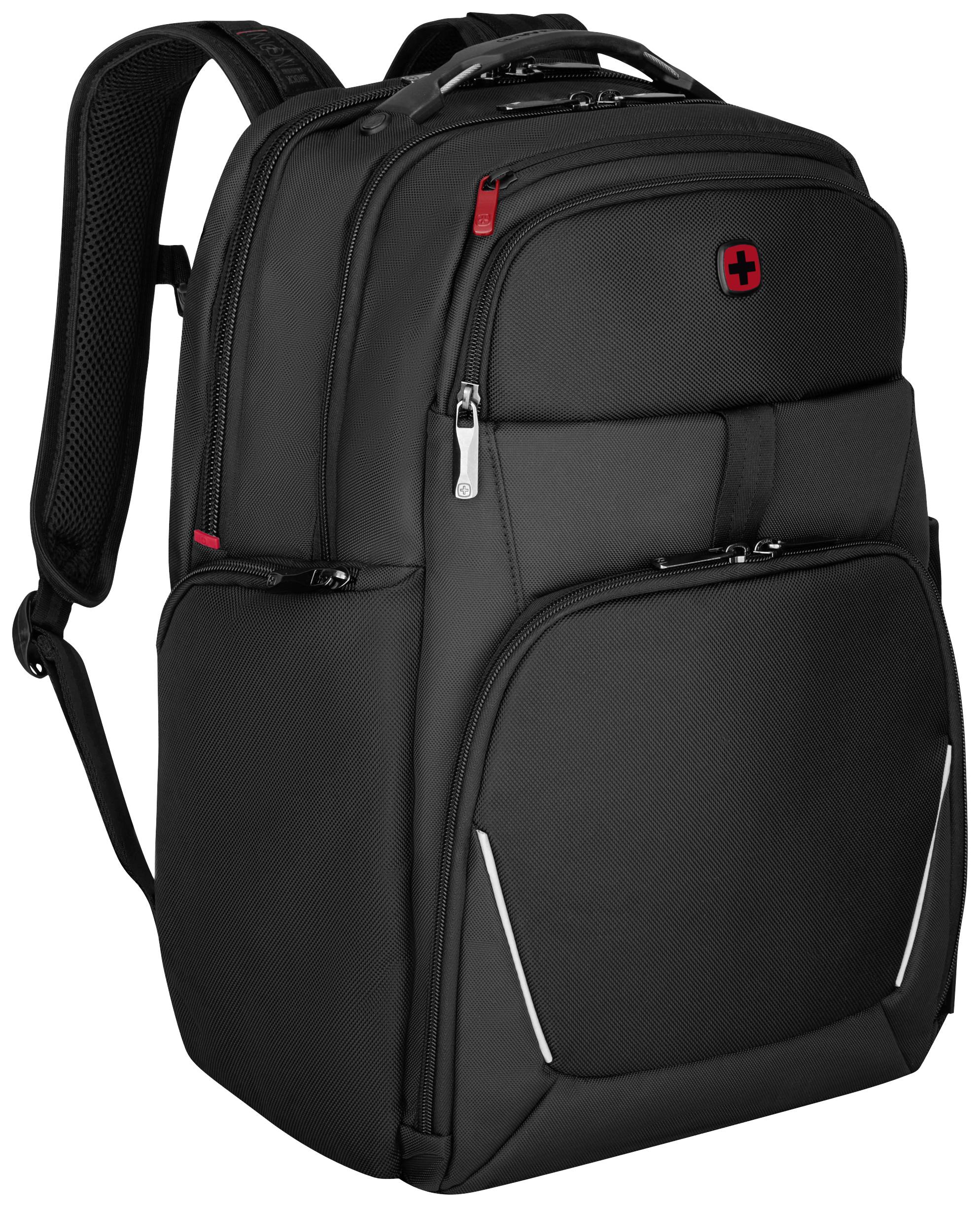Black rucksack with multiple compartments and padded shoulder straps, featuring visible red accents and logo on the front.