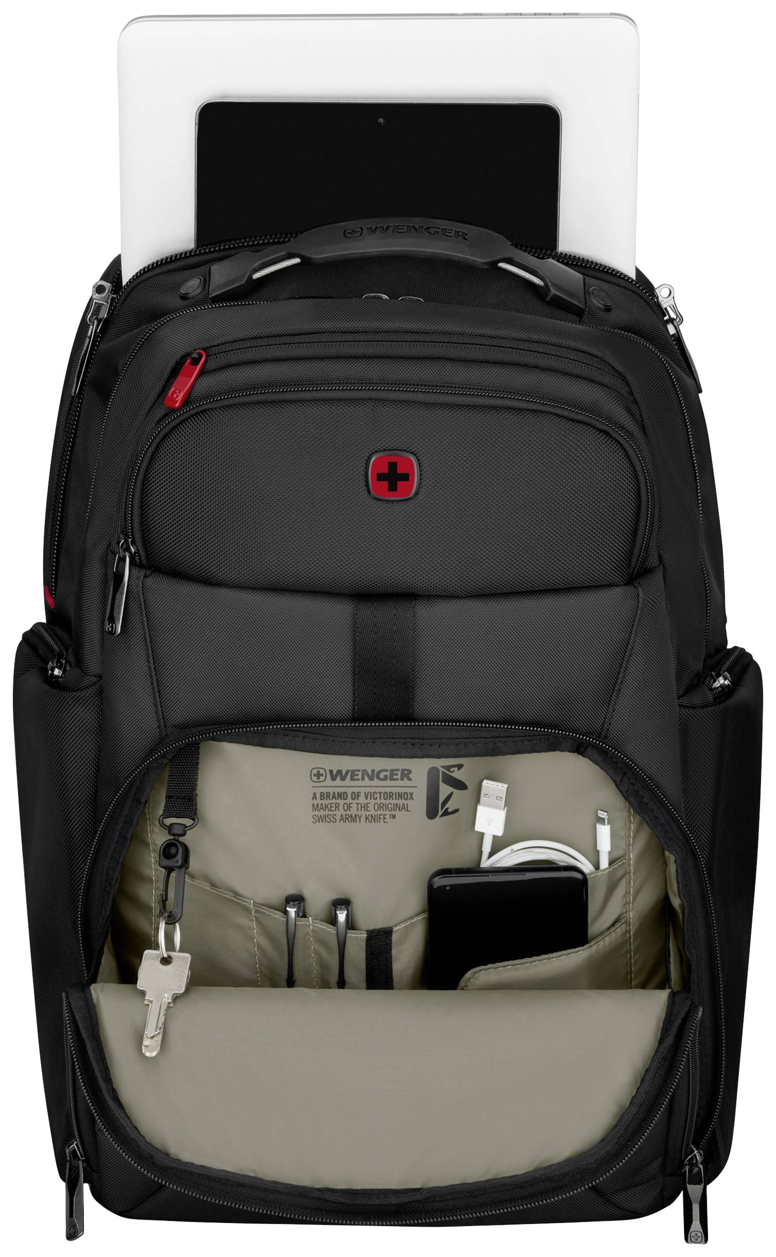 Black rucksack with multiple compartments and a laptop sleeve; some pockets are open, revealing keys, pens, and a mobile phone.
