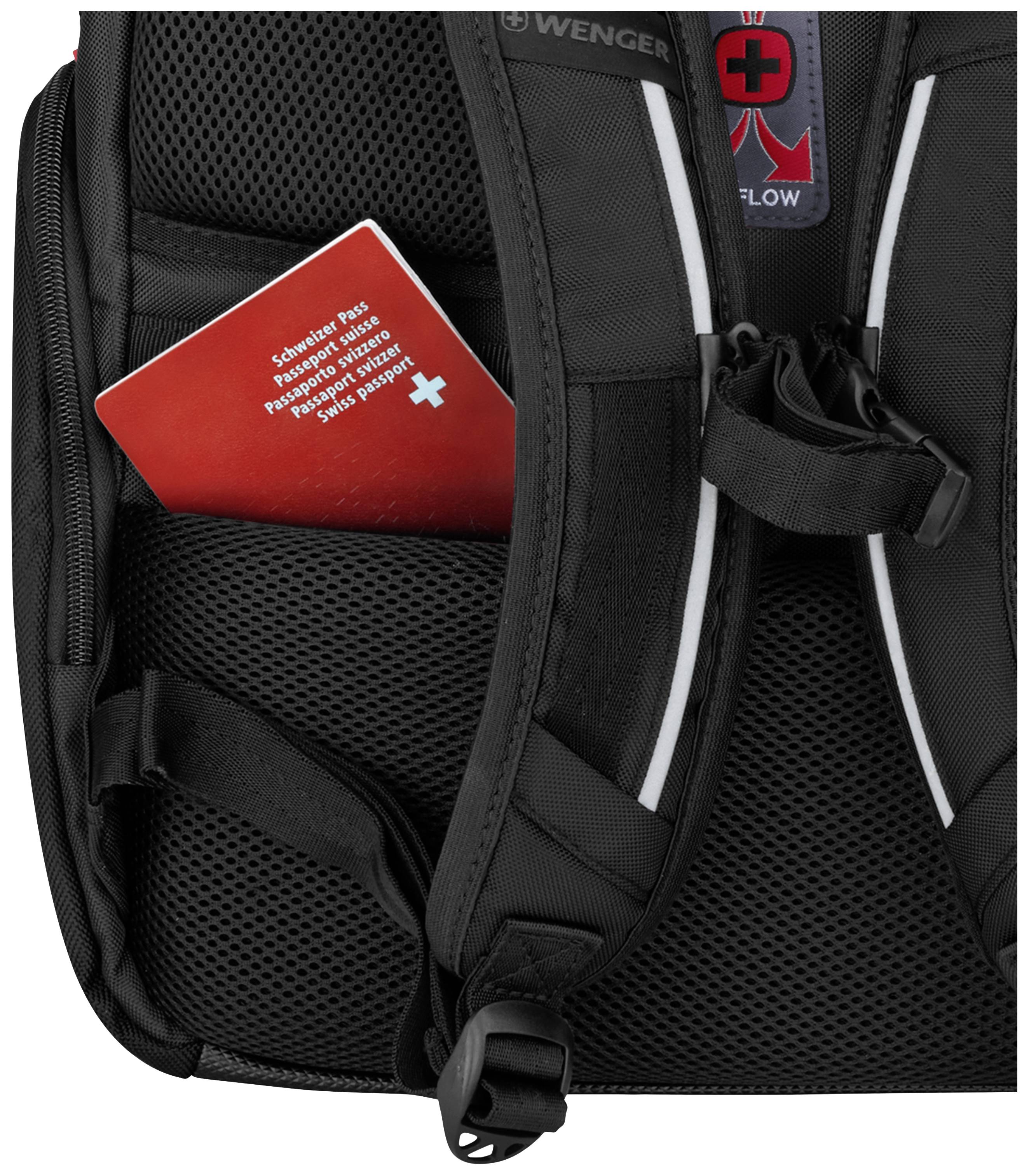 A black rucksack with a Swiss passport partially protruding from one of its compartments.