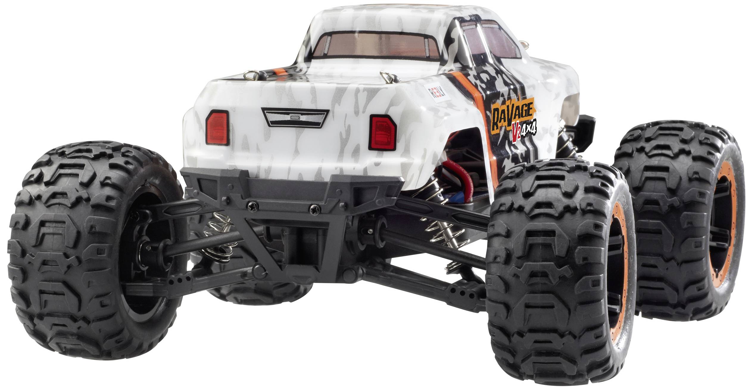 A remote-controlled monster truck model in grey-white livery with large, robust tyres, looks towards the camera.