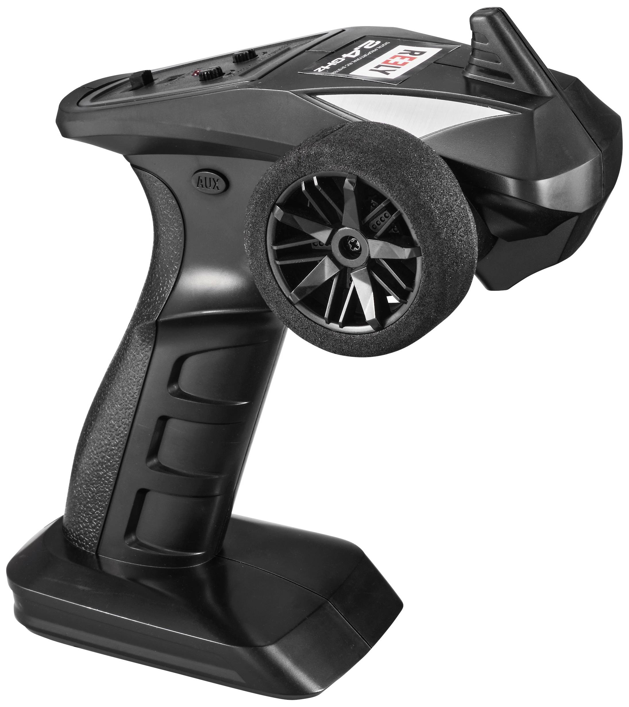 Black remote control transmitter with side control wheel and buttons on top, suitable for controlling model vehicles.