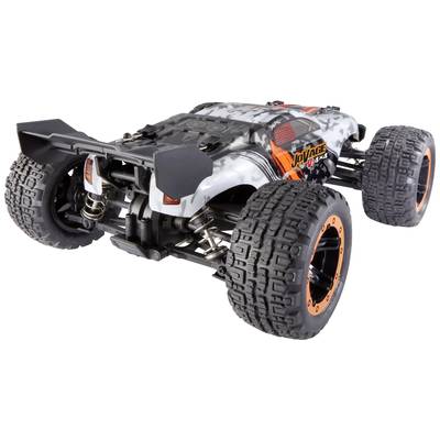 A remote-controlled car with large wheels, robust suspension and a grey and orange design on a light background.