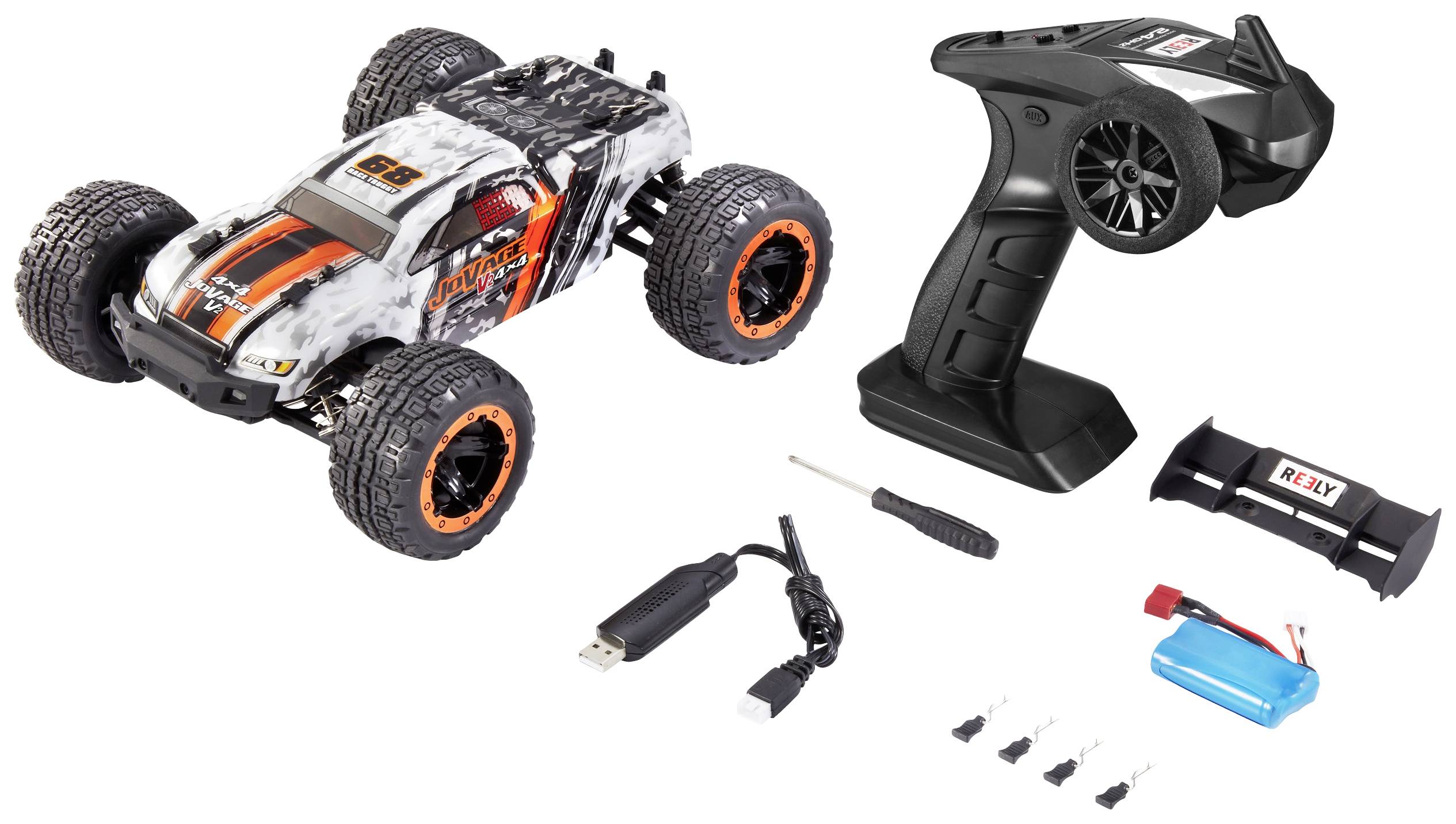 Remote-controlled car with controller, charger, battery, screwdriver and spare parts. Robust design with large, textured tyres.