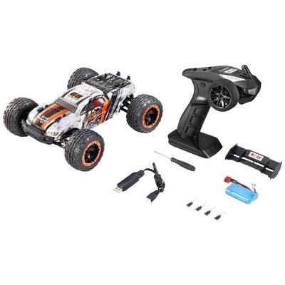 Remote-controlled car with controller, charger, battery, screwdriver and spare parts. Robust design with large, textured tyres.