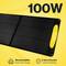 A black solar panel with a yellow handle, labelled '100W'. Text underneath: 'Monocrystalline, 5-year warranty, extremely durable'.