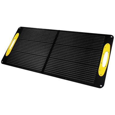 Portable, folded solar panel with two yellow handles on the sides.